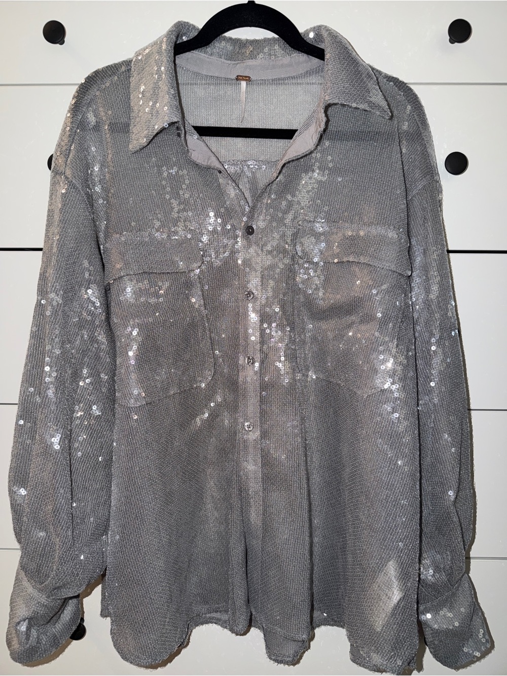 Free People Disco Margarita Sheer Sequin Button-Up Shirt – Rocket | Medium